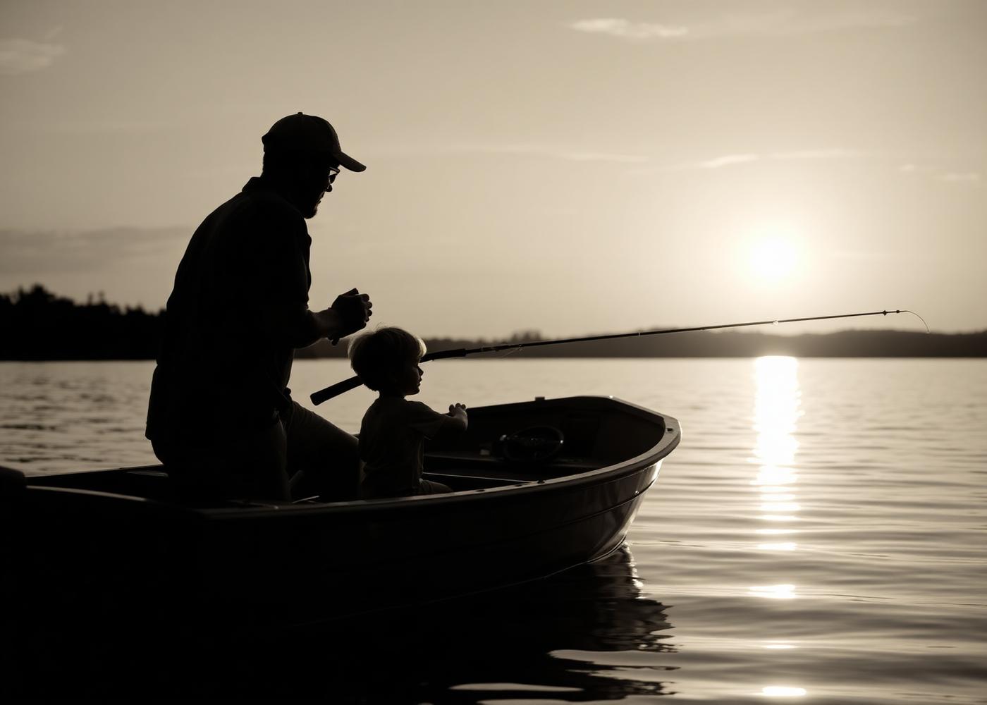 Father and son fishing at sunset